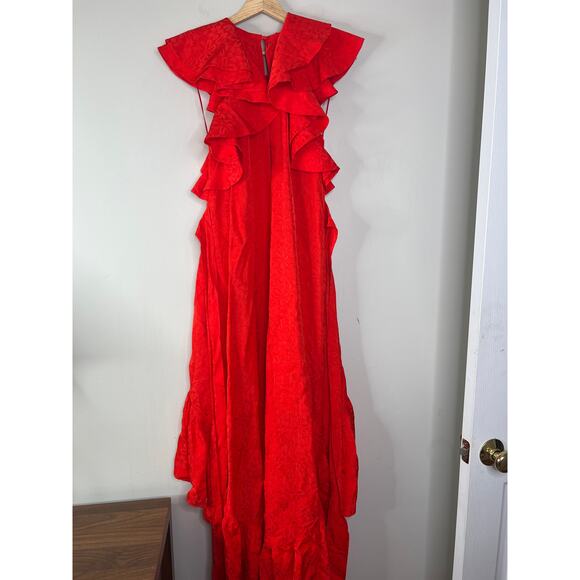 NWT Amur Ruffled Gathered Floral-Jacquard Lined Cap Sleeve Hi-Lo Dress Red Sz: 0 - Picture 8 of 9